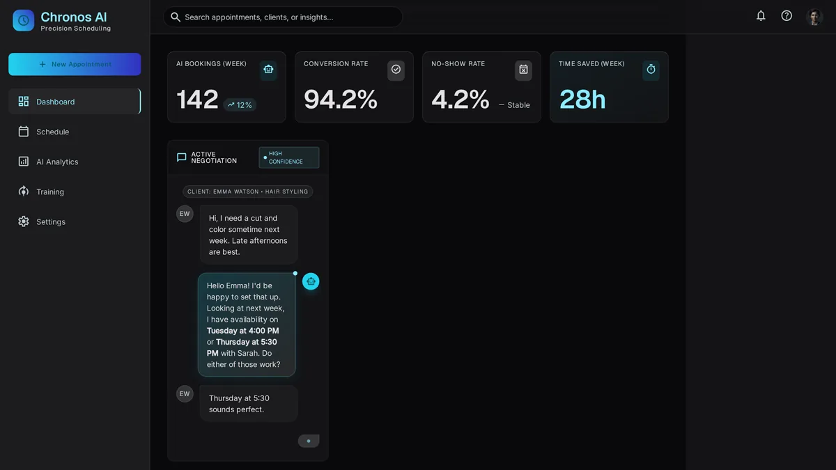 Conversational panel showing an AI assistant booking a specific appointment slot with the customer