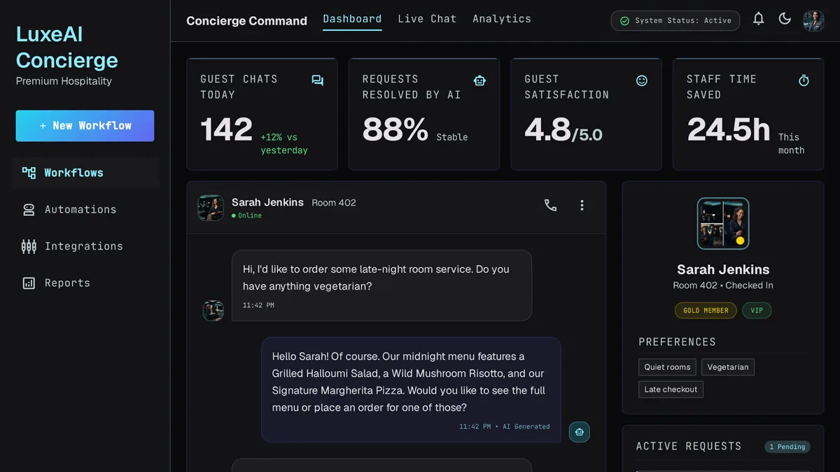 AI concierge chatbot for a hotel handling a room service order and local recommendations