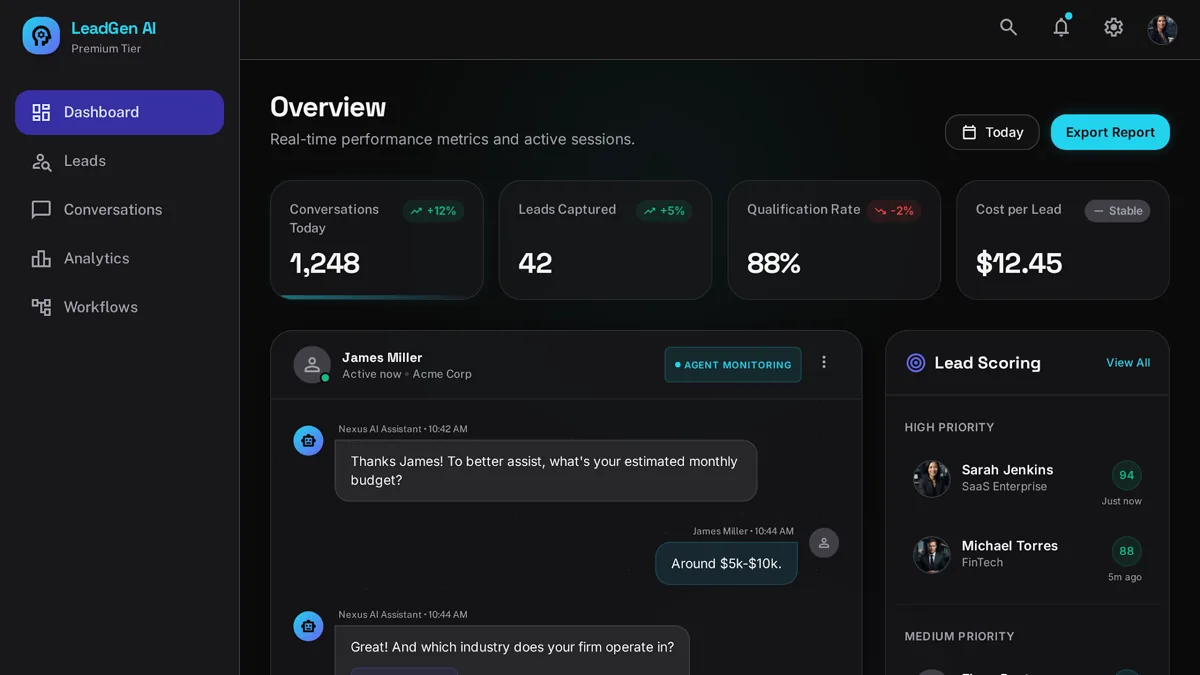 AI lead generation chatbot widget on a website capturing and scoring a visitor's contact details
