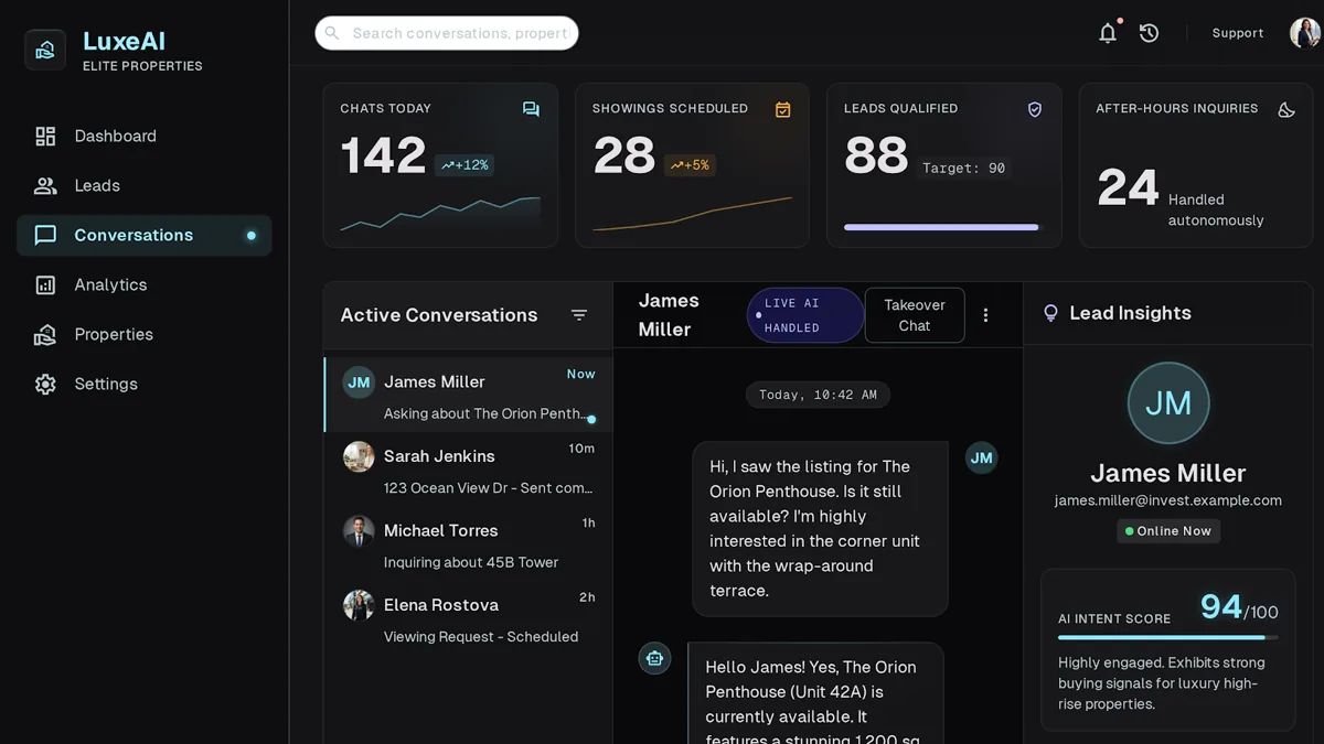 AI chatbot dashboard for a real estate agency showing a conversation booking a property showing
