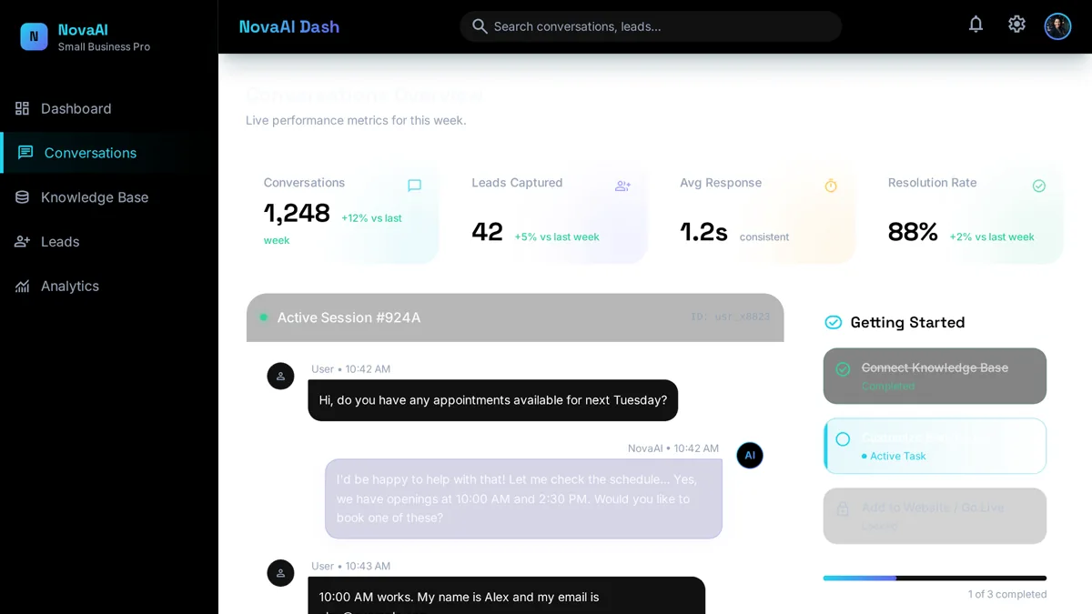 Setup checklist for a small business AI chatbot showing knowledge base, tone, and go-live steps