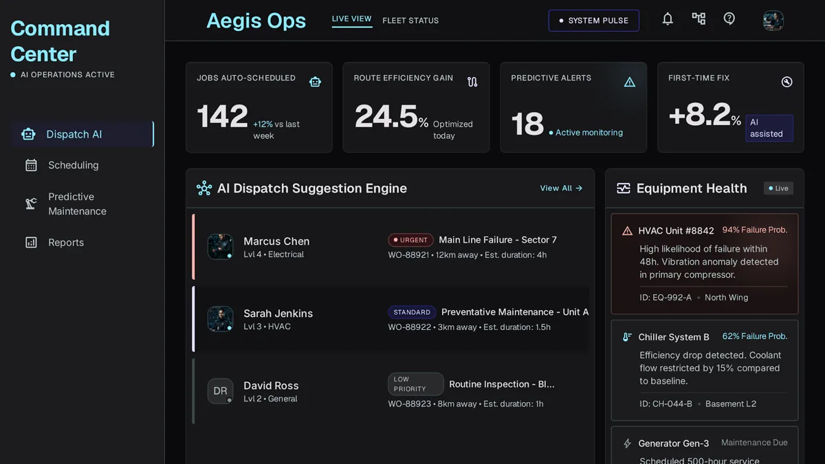 AI adoption dashboard for a field service company showing dispatch optimization and predictive alerts