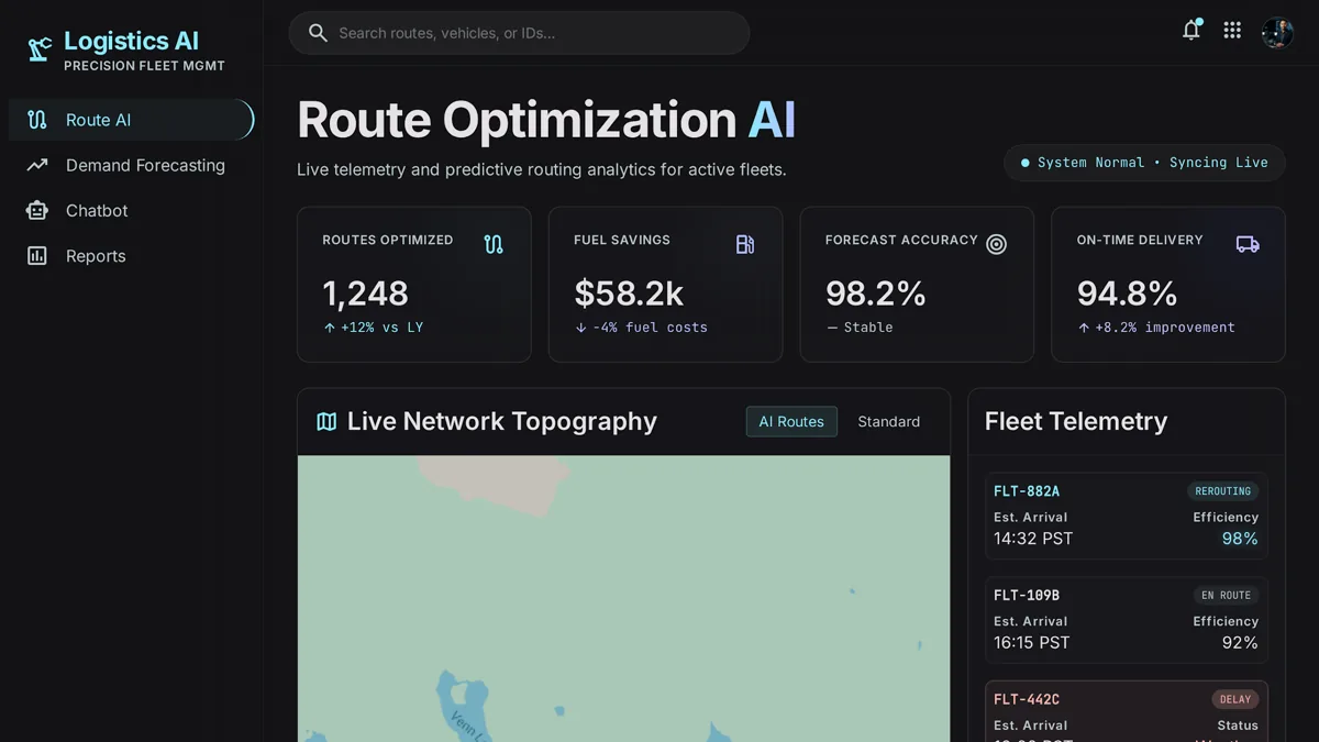 AI adoption dashboard for a logistics company showing route optimization and demand forecast