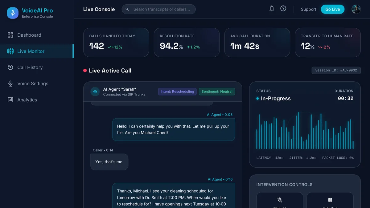Live call waveform with real-time transcription of a conversation with an AI voice agent