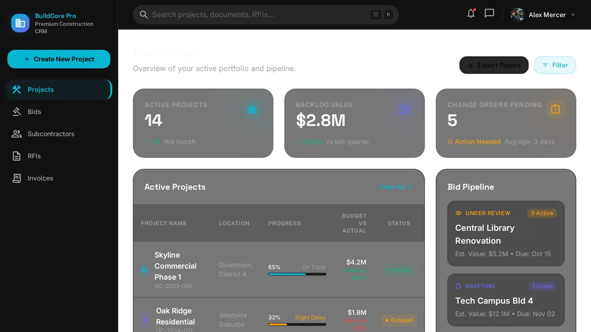 Custom CRM dashboard for a general contractor showing project budget vs actual table, bid pipeline, and milestone timeline