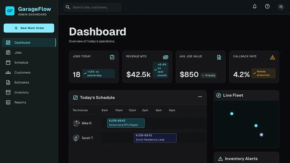 Custom CRM dashboard for a garage door company showing job schedule and warranty claim status