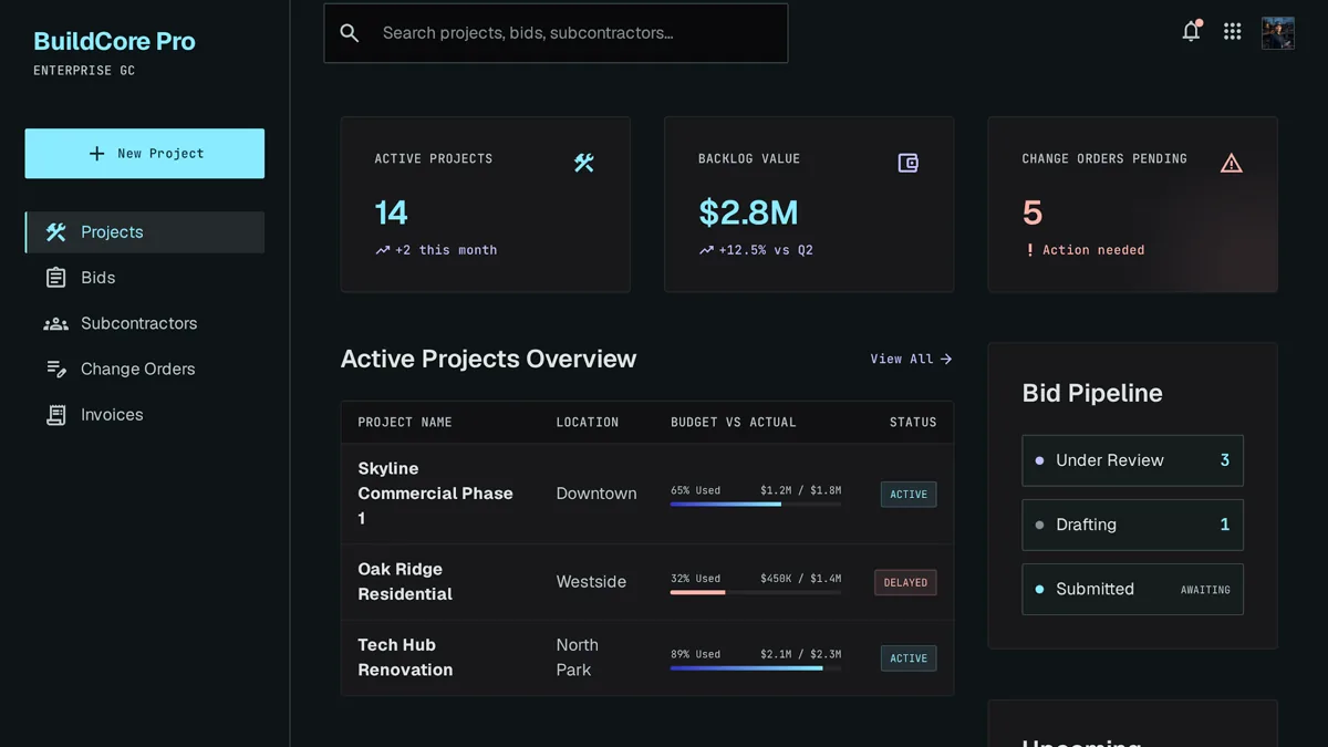 Custom CRM dashboard for a general contractor showing active project budgets and bid pipeline