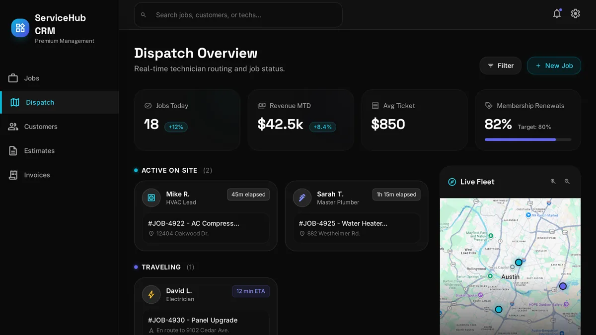 Custom CRM dashboard for a multi-trade home services company showing dispatch board and live technician map