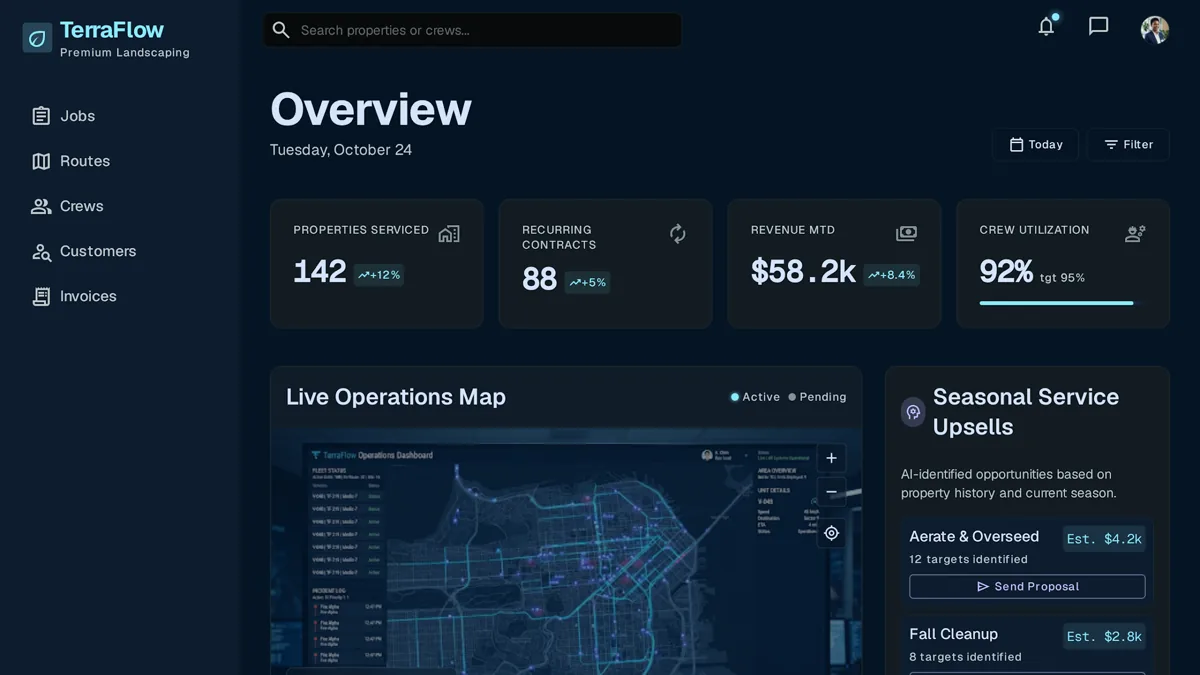 Custom CRM dashboard for a landscaping company showing crew route map and seasonal contract schedule