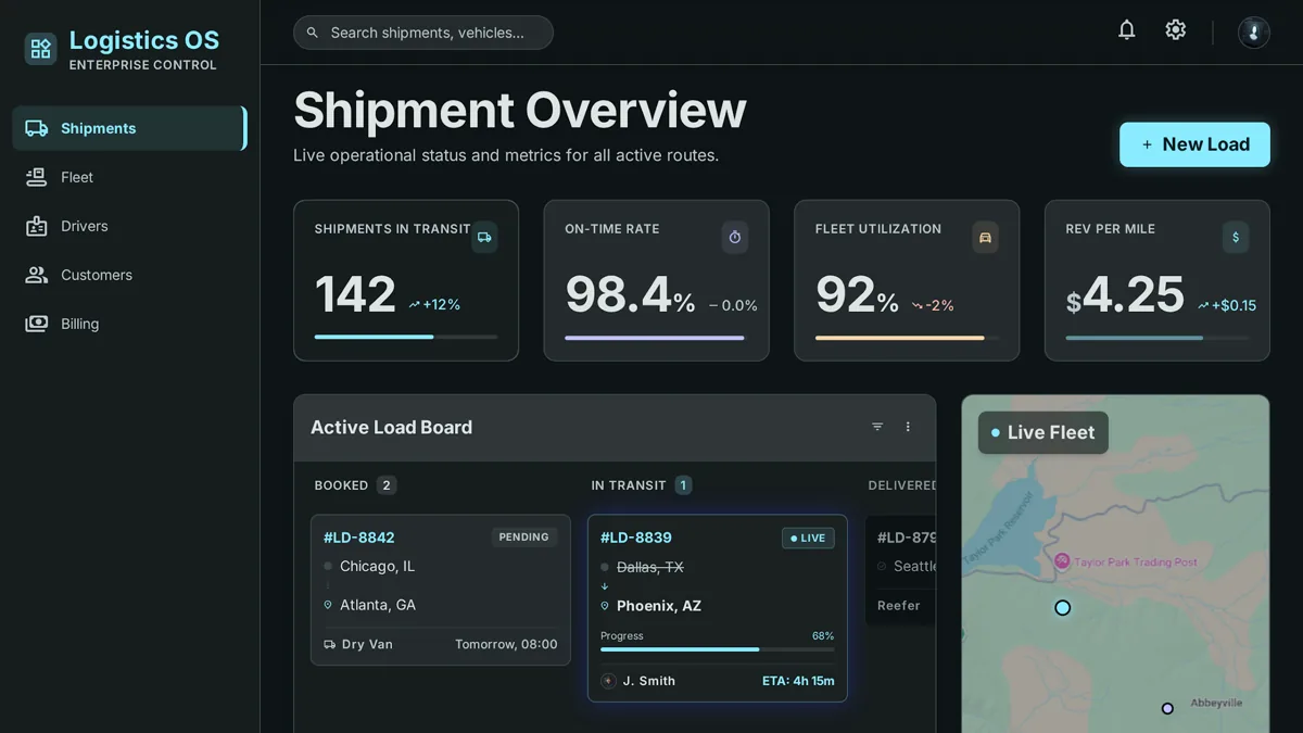 Custom CRM dashboard for a logistics company showing active shipment board with ETA and fleet map