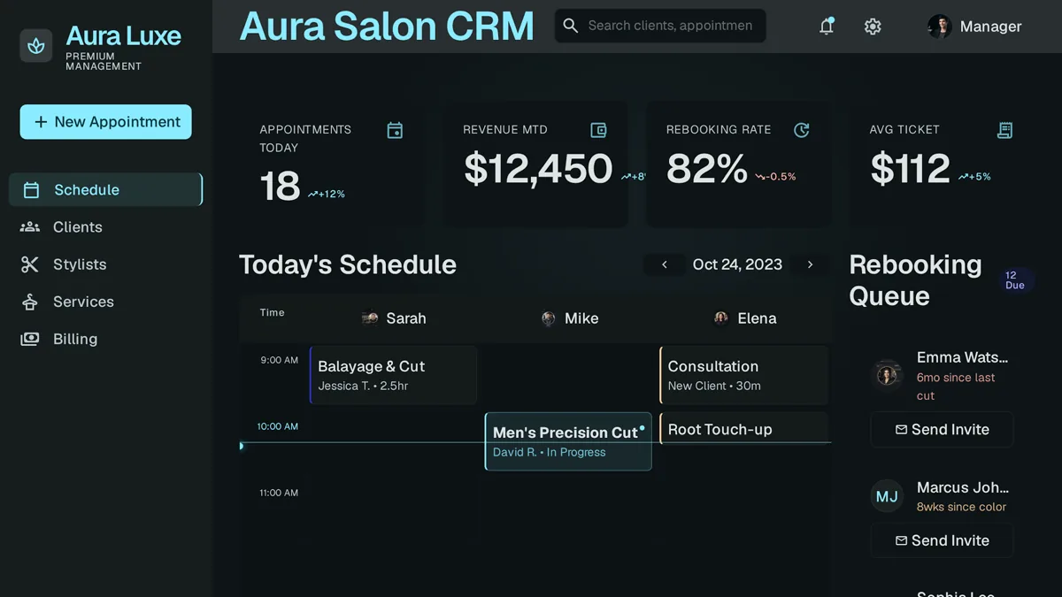 Custom CRM dashboard for a salon chain showing stylist appointment calendar and rebooking reminder queue