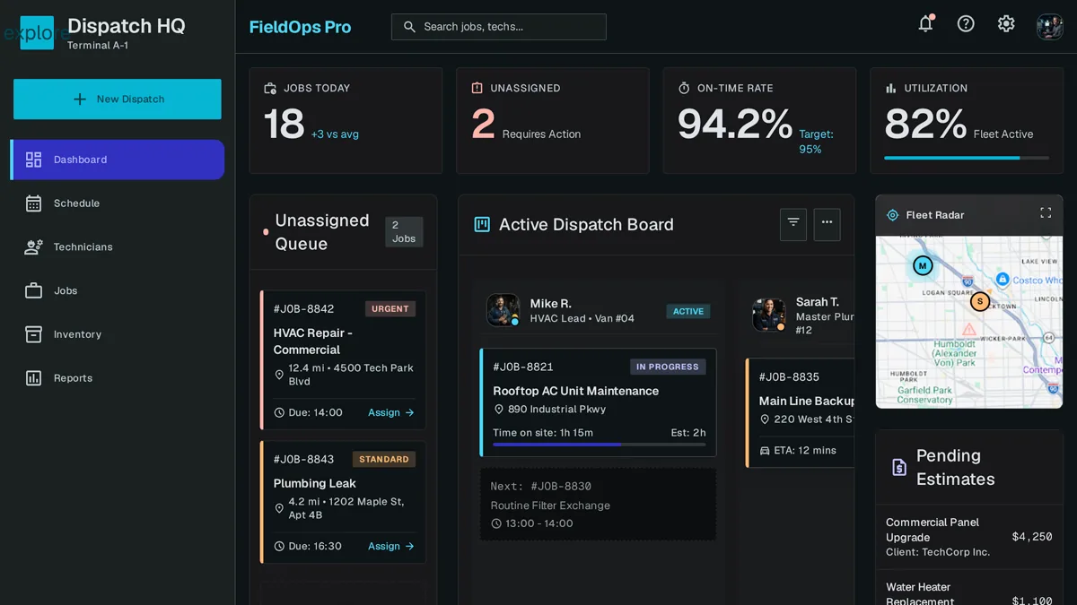 Dispatch software dashboard showing drag-and-drop job board and live technician map