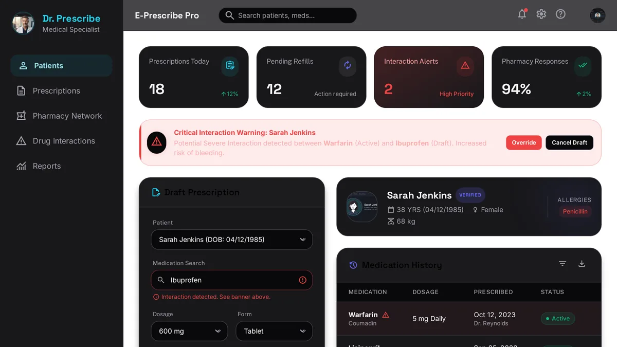 E-prescription software showing a prescription form, patient medication history, and interaction alerts