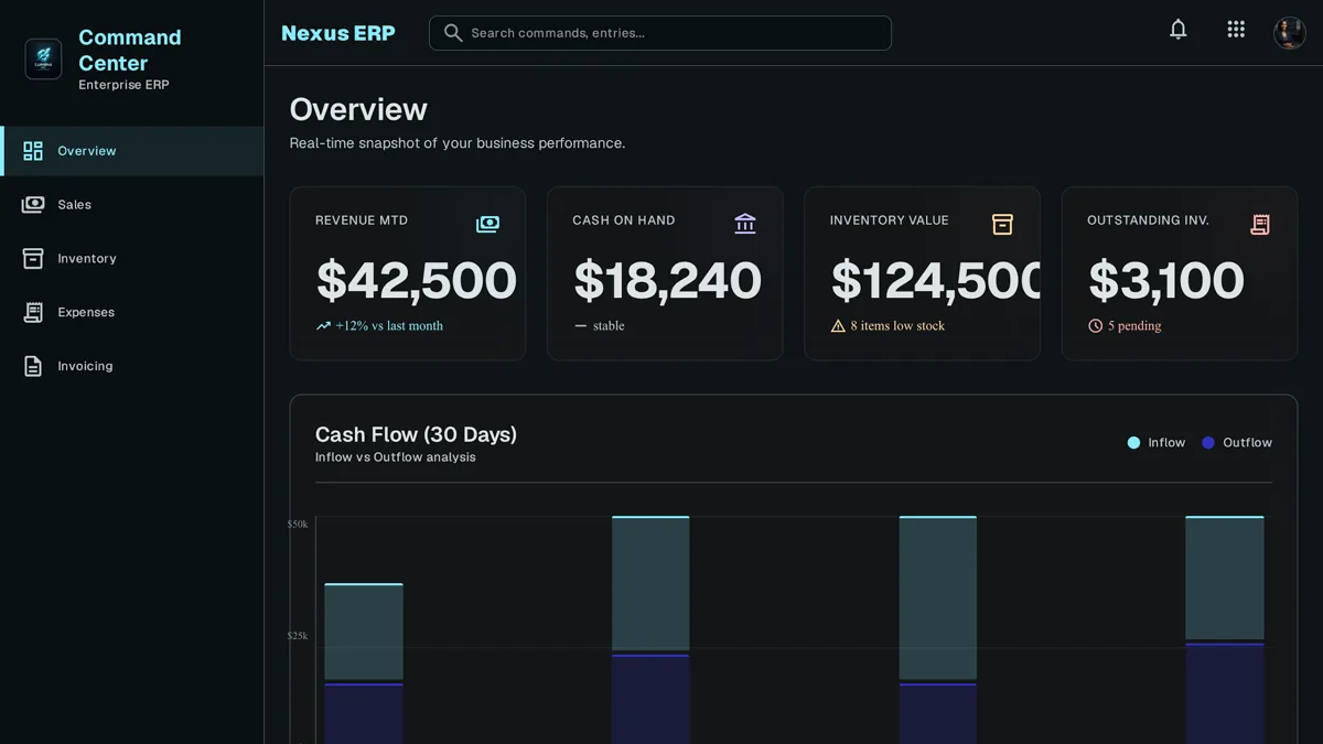 Custom small business ERP dashboard showing sales, inventory, and cash flow