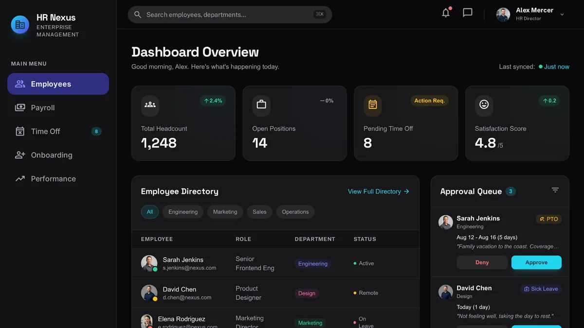 Custom HR dashboard showing employee directory, time-off request queue, and headcount KPIs