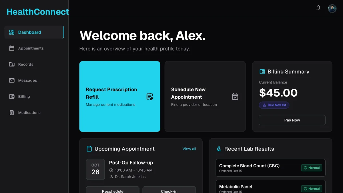 Custom patient portal dashboard showing an upcoming appointments card, recent lab results, and a secure messaging thread with a provider