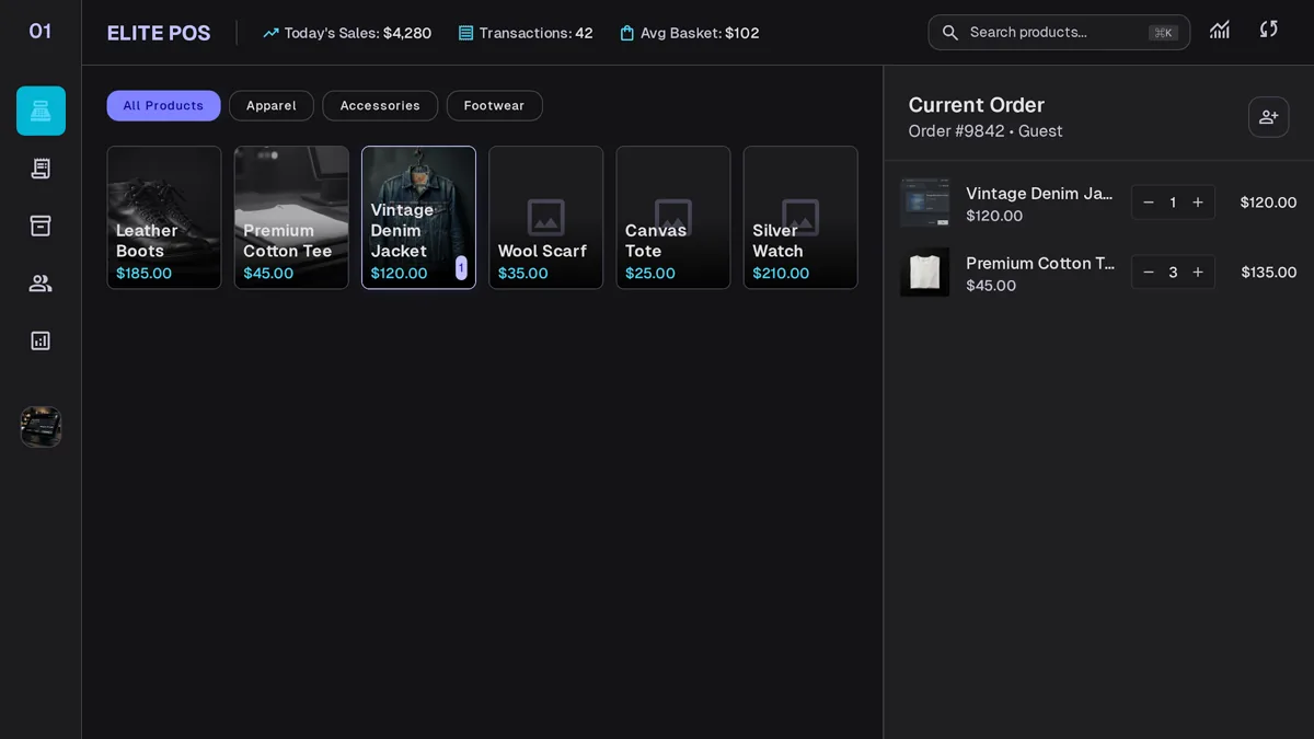 Custom POS checkout screen showing product grid, receipt, and payment method selection