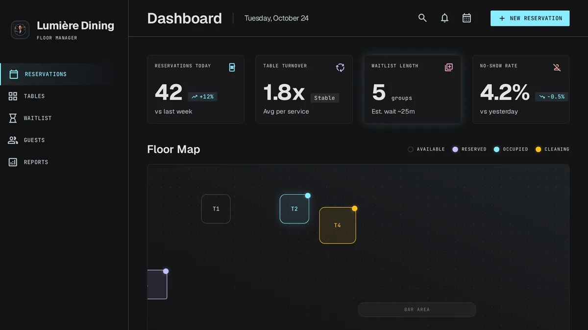 Custom reservation system showing a floor plan table map with reservation status and today's timeline