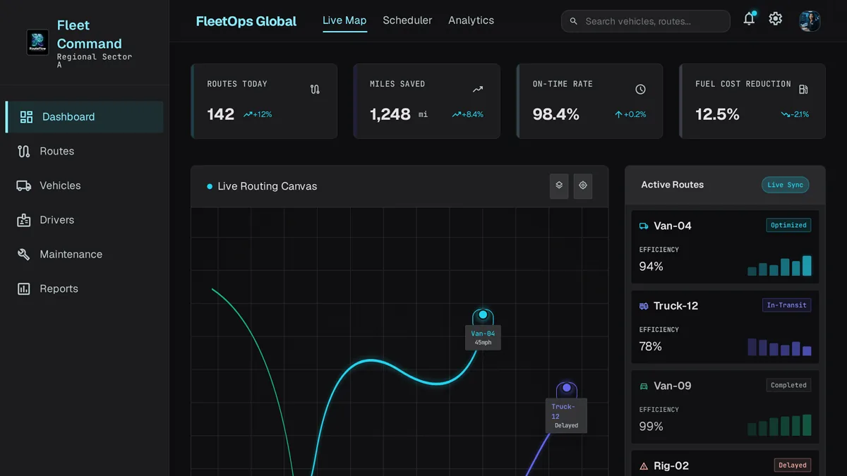 Route optimization dashboard showing optimized delivery routes on a map with savings metrics
