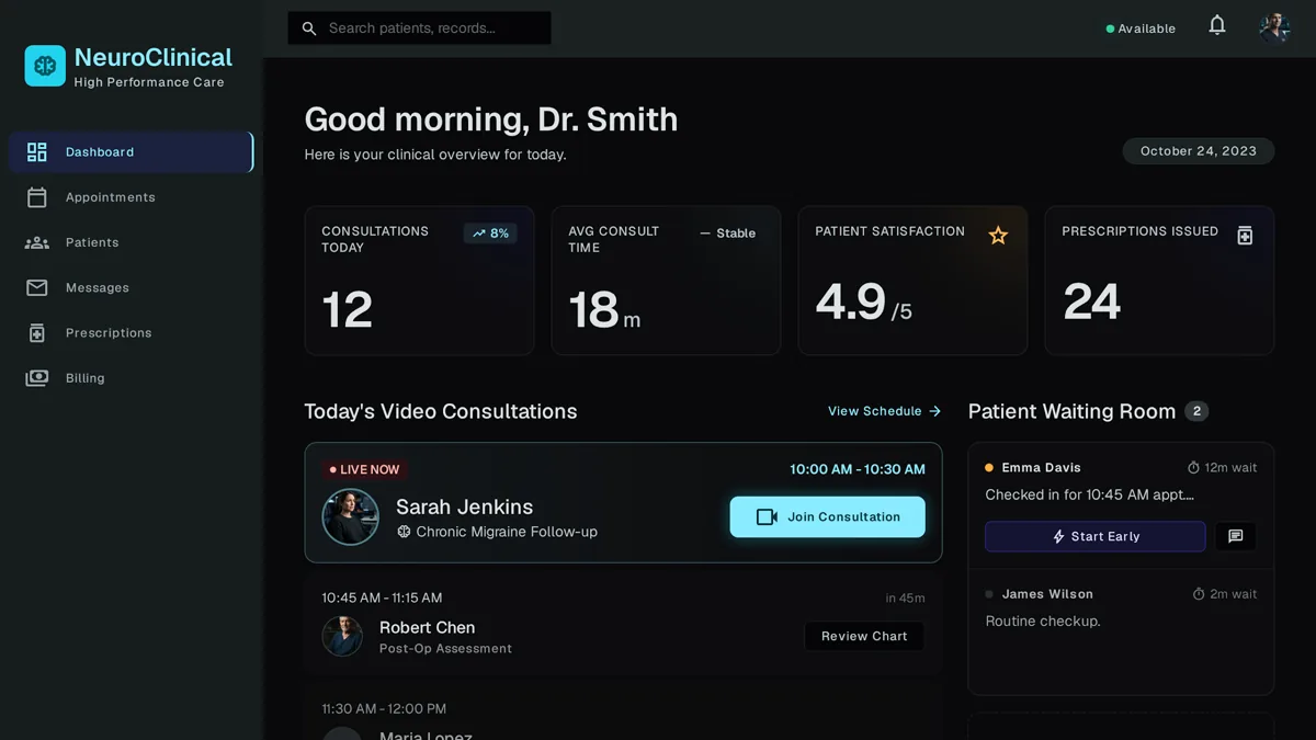 Custom telemedicine platform provider dashboard showing patient queue and video consultation schedule